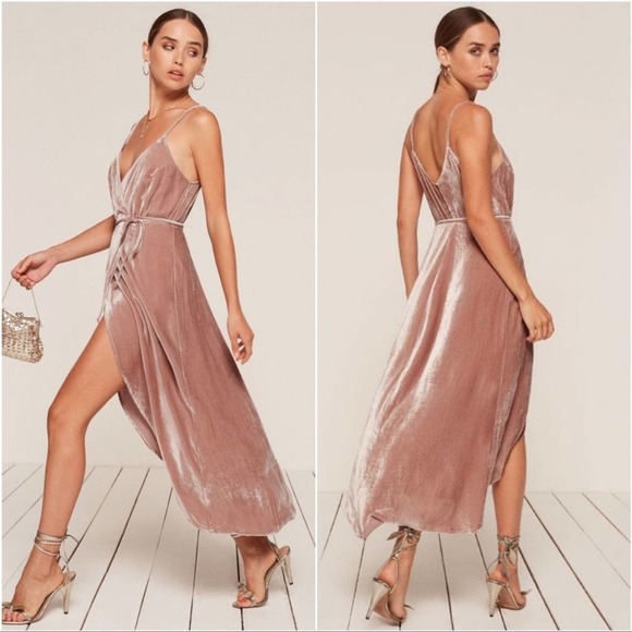 Reformation Dresses & Skirts - Reformation Anoush wrap dress silk blend velvet blush Medium Petite